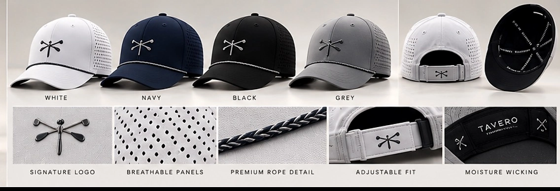 TAVERO Performance hats in white, navy, black and gray with alternate views and close-up material details