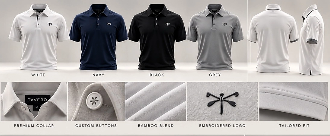 TAVERO Performance polos in white, navy, black and gray with alternate views and close-up material details