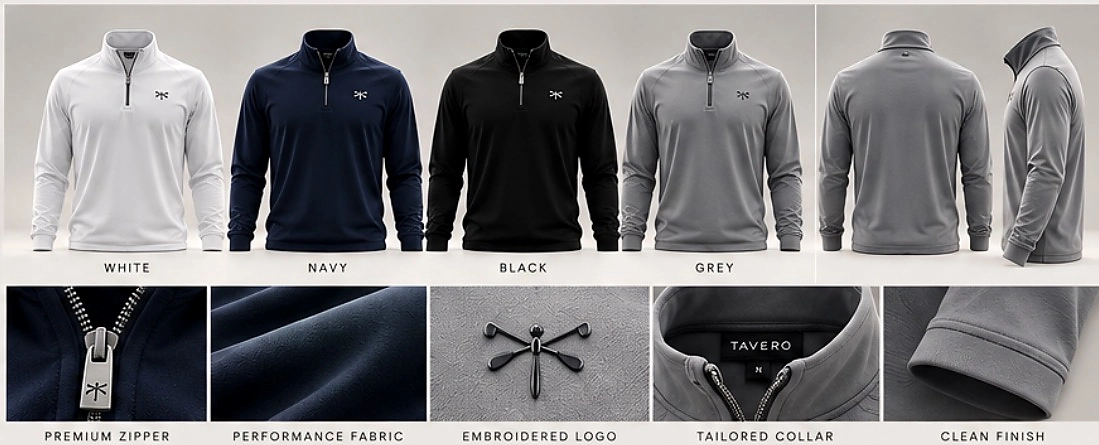 TAVERO Quarter-zips in white, navy, black and gray with alternate views and close-up material details